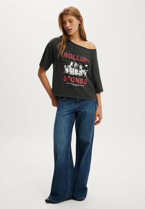 Cotton On - Lcn music off shoulder graphic tee - washed black