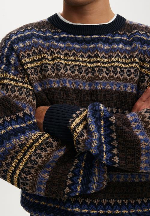 Cotton On - Box Fit Crew Knit - Navy Pattern