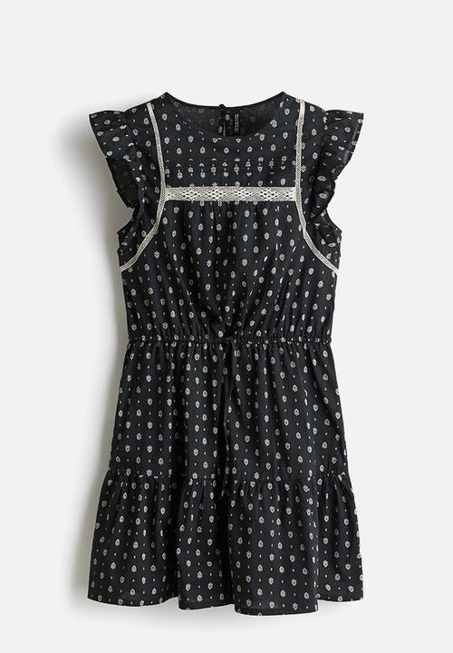 H&M - Lace-inset cotton dress - dark grey/patterned