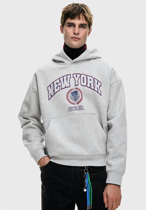 H&M - Loose fit printed hoodie - grey marl/new york
