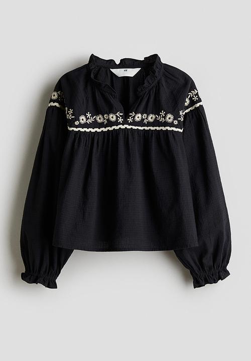 H&M - Embroidered cotton blouse - black/flowers