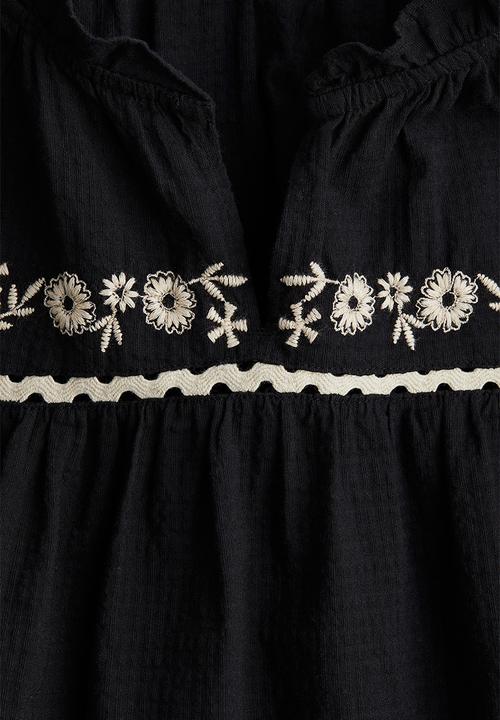 H&M - Embroidered cotton blouse - black/flowers