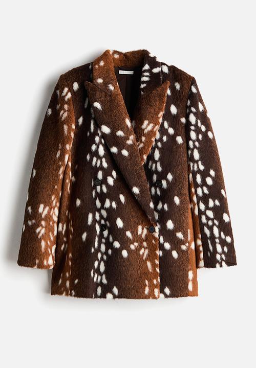 H&M - Double-breasted fuzzy blazer - dark brown/dark beige