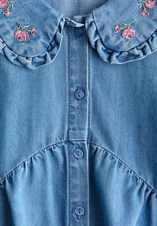 H&M - Embroidered denim dress - denim blue/flowers