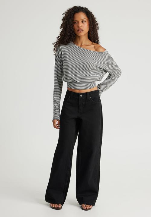 Factorie - Long Sleeve Off Shoulder Top - Cloud/Gunmetal Marlestripe