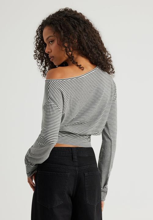 Factorie - Long Sleeve Off Shoulder Top - Cloud/Gunmetal Marlestripe