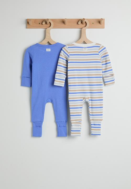 Cotton On - 2 Pack The Long Sleeve Zip Romper - Vanilla/Blue Bonnet Stripe & Mama'S Fan Club