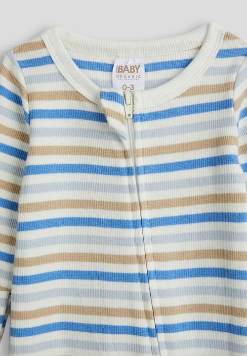 Cotton On - 2 Pack The Long Sleeve Zip Romper - Vanilla/Blue Bonnet Stripe & Mama'S Fan Club