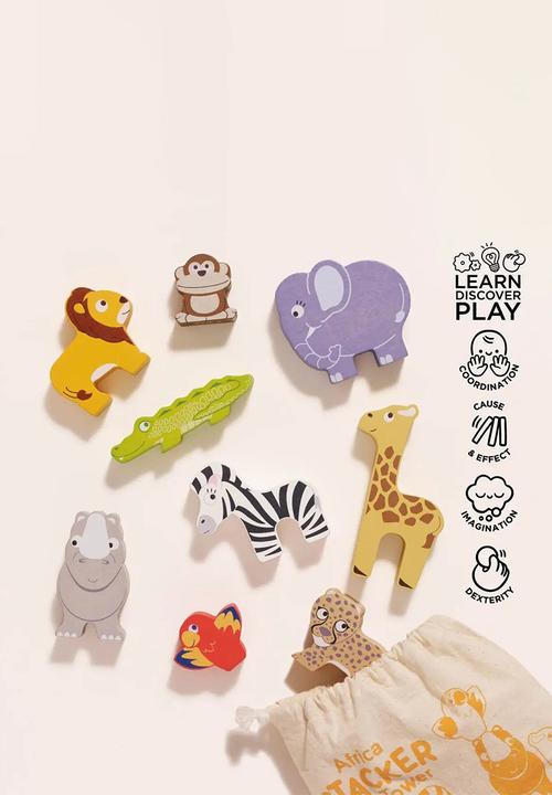 Le Toy Van - Wooden Stacking African Animals & Bag - 10pcs
