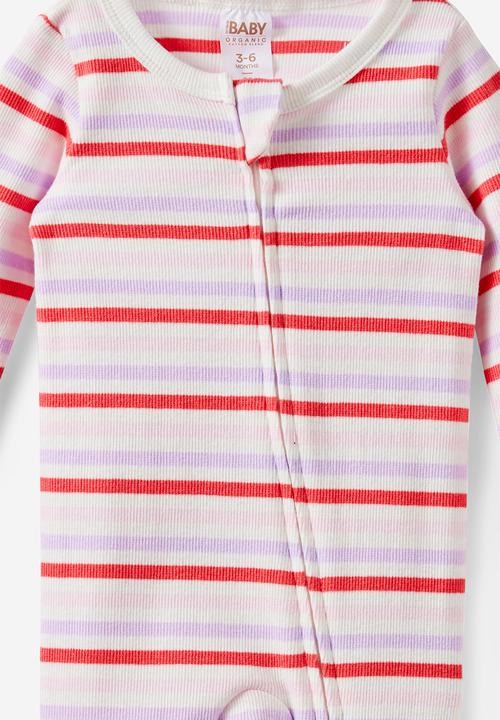 Cotton On - The Long Sleeve Zip Romper - Vanilla-Coral Red/Bowie Stripe