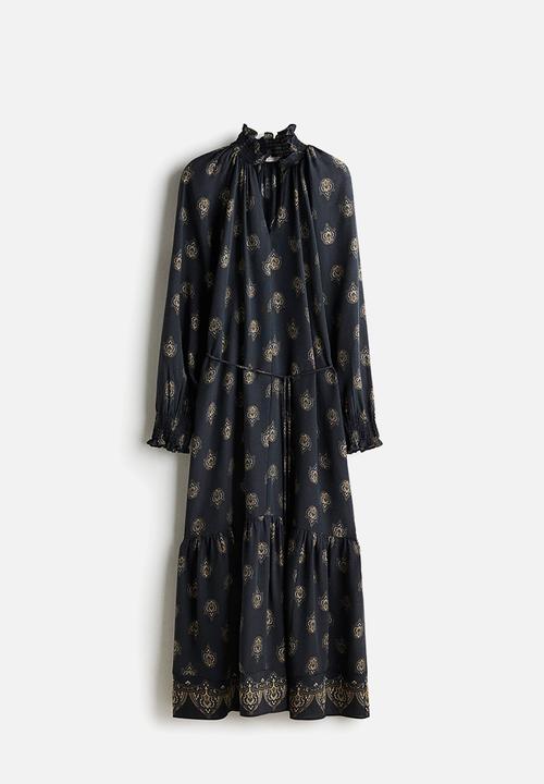 H&M - Smocked-detail dress - dark blue/patterned