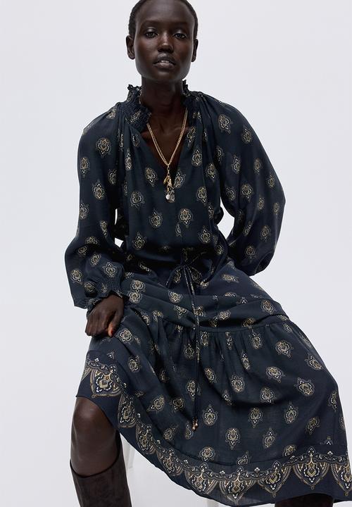 H&M - Smocked-detail dress - dark blue/patterned