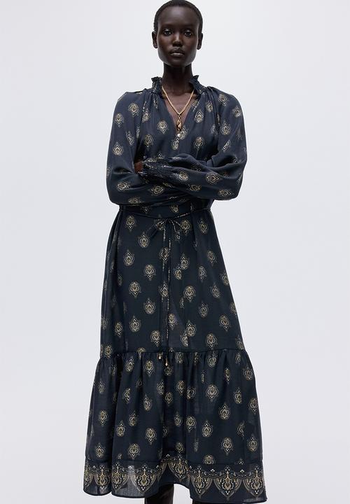 H&M - Smocked-detail dress - dark blue/patterned