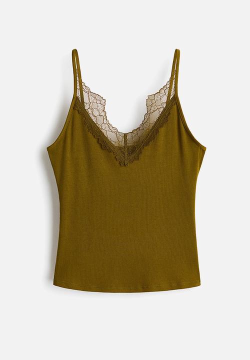 H&M - Lace-trimmed strappy top - golden olive