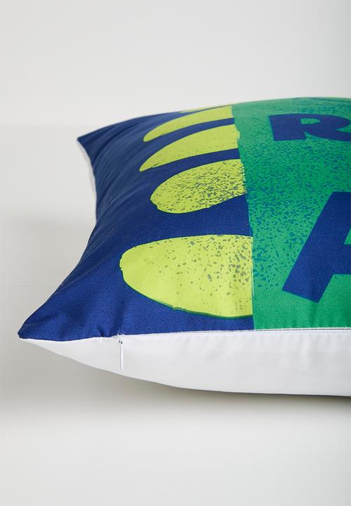 Pop Candy - Dino graphic & slogan cushion - sapphire blue/multi