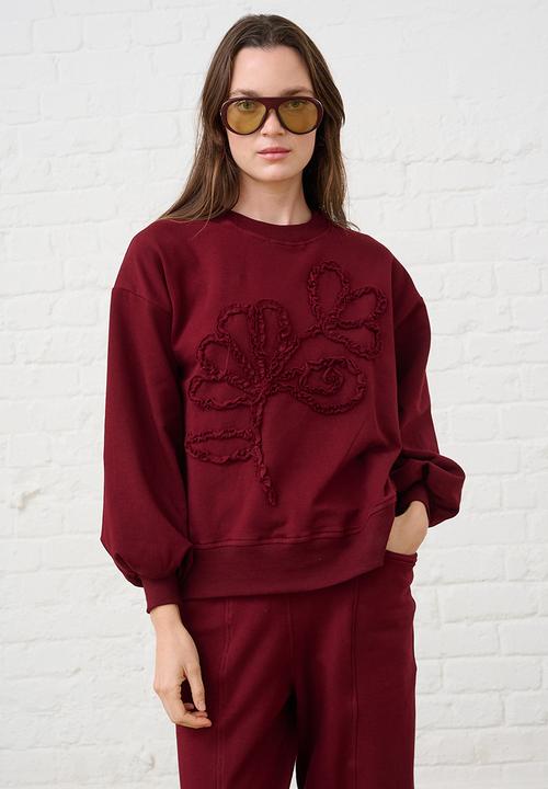 Me&B - Sequined Flower Sweat Top - Burgundy
