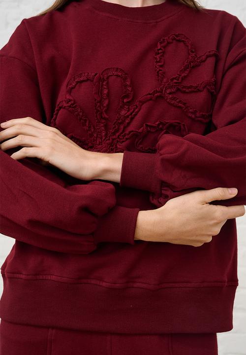 Me&B - Sequined Flower Sweat Top - Burgundy