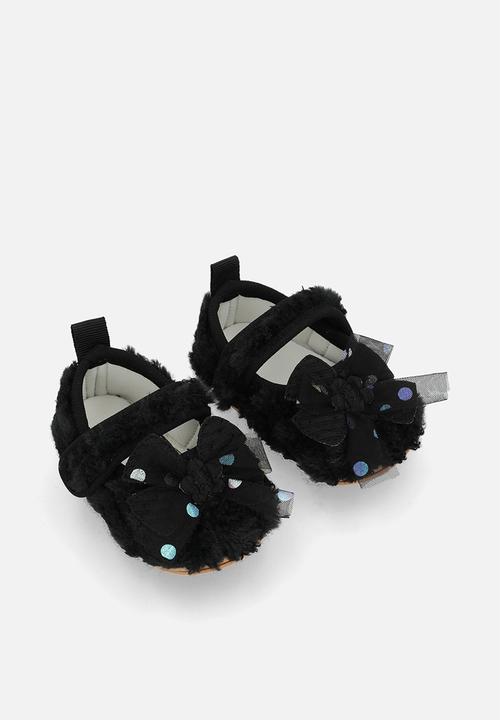 Pop Candy - Furry pumps with bow applique - black