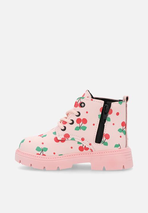 Pop Candy - Cherry aop lace-up boots - pink