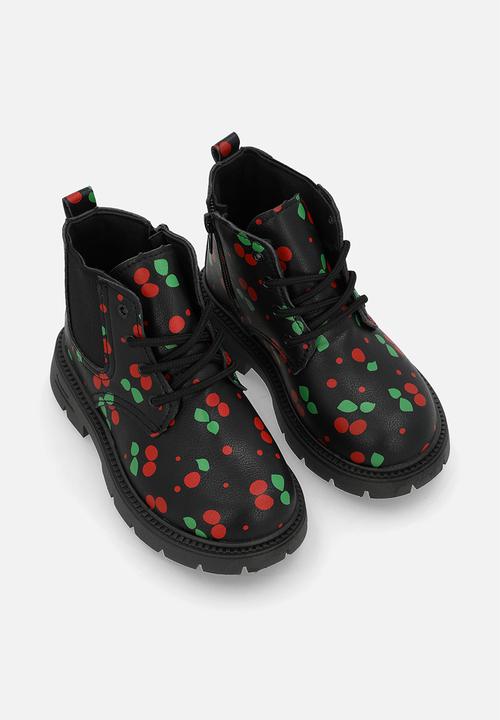 Pop Candy - Cherry aop lace-up boots - black