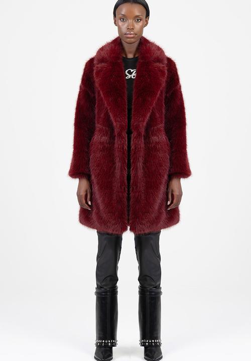 SISSY BOY - Queen Of Hearts Faux Fur Coat - Burgundy