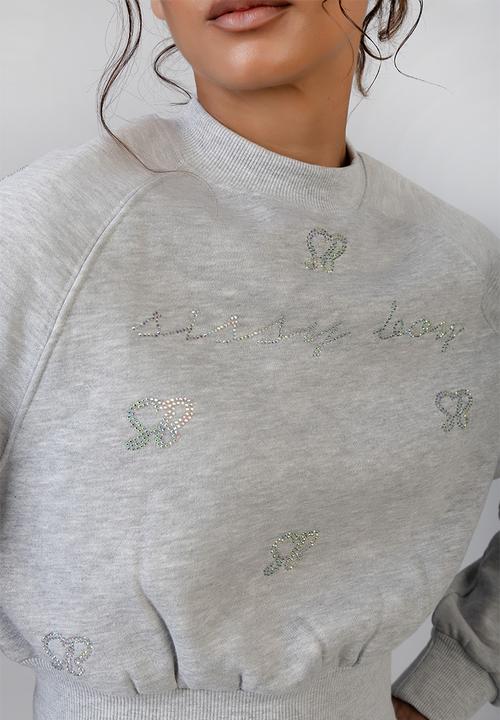 SISSY BOY - Running To You Cropped Sweat Top With All Over Bling Branding - Grey Melange