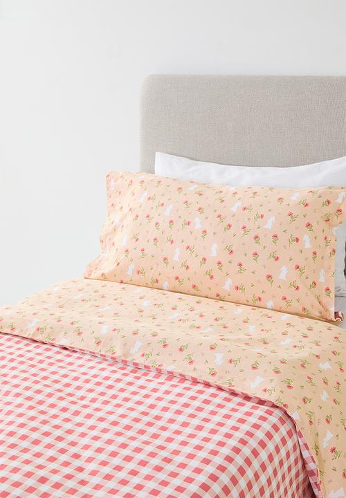 Pop Candy - 200TC floral aop duvet cover set - peach/pink gingham