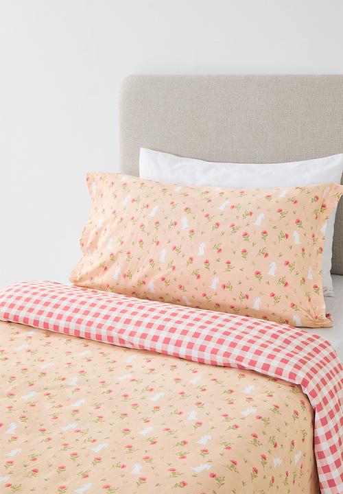 Pop Candy - 200TC floral aop duvet cover set - peach/pink gingham