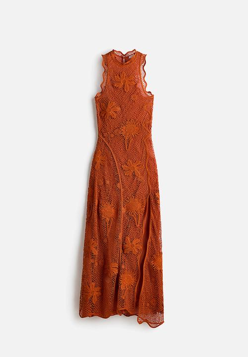 h&m crochet dress brown Ladies - Dark Brown Crochet-Look Dress with Button Placket - Size: XS