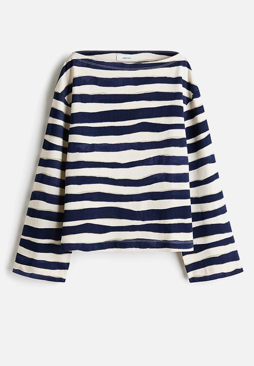 H&M - H&M Studio: Cut-out cotton top - cream/navy blue striped