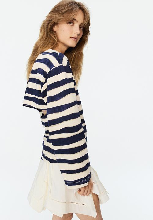 H&M - H&M Studio: Cut-out cotton top - cream/navy blue striped