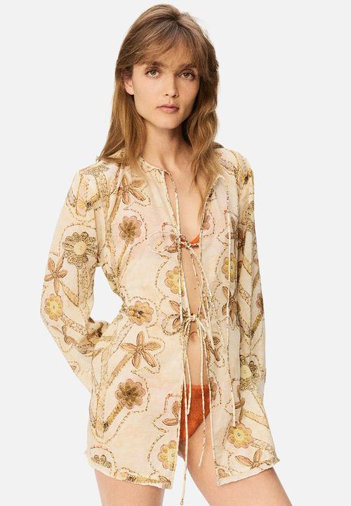 H&M - H&M Studio: Floral-print tie-front blouse - cream/floral