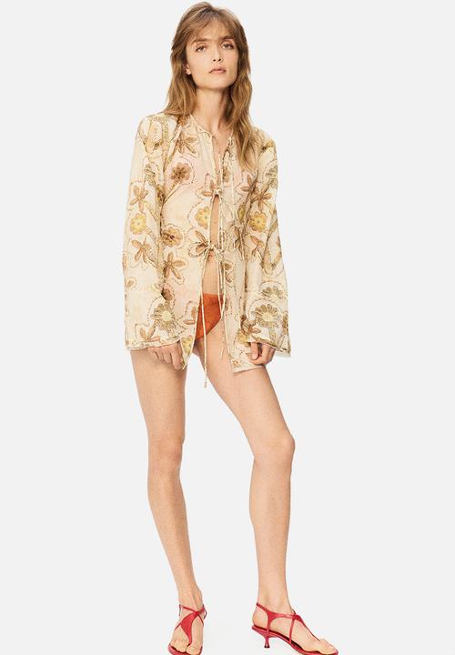 H&M - H&M Studio: Floral-print tie-front blouse - cream/floral