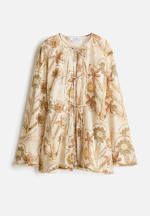 H&M - H&M Studio: Floral-print tie-front blouse - cream/floral