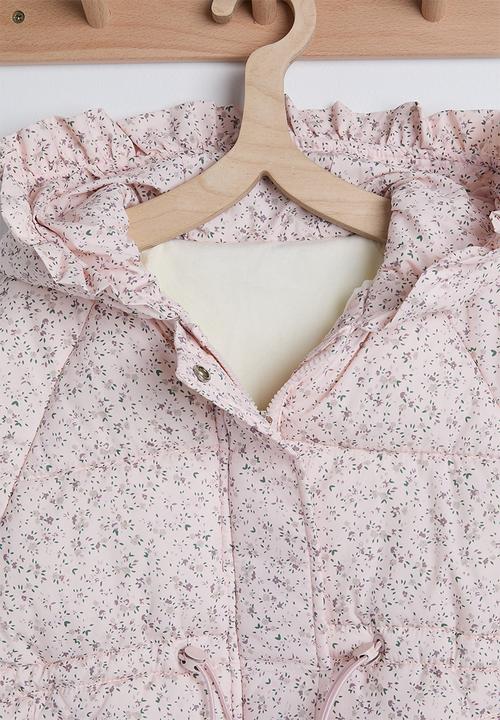 Pop Candy - Ditsy floral hooded puffer jacket with faux fur lining - pearl pink