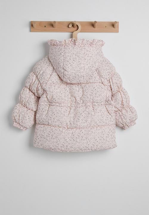 Pop Candy - Ditsy floral hooded puffer jacket with faux fur lining - pearl pink