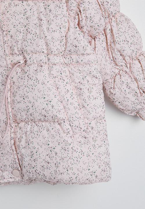 Pop Candy - Ditsy floral hooded puffer jacket with faux fur lining - pearl pink