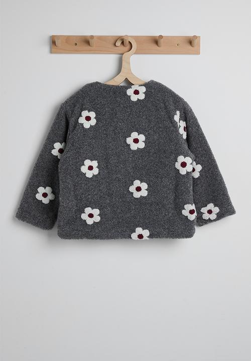 Pop Candy - Boiled teddy collarless jacket - grey/flower aop