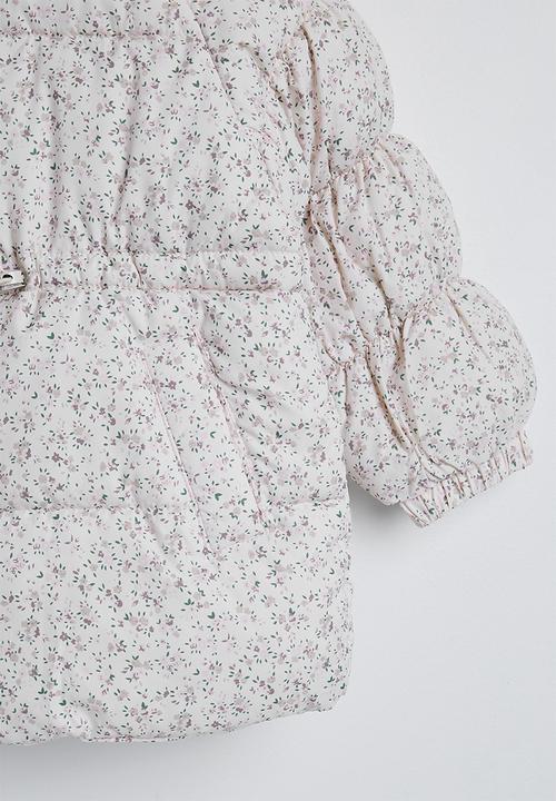 Pop Candy - Ditsy floral hooded puffer jacket with faux fur lining - off white