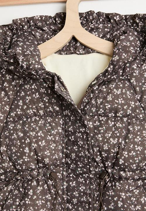 Pop Candy - Ditsy floral hooded puffer jacket with faux fur lining - dark brown