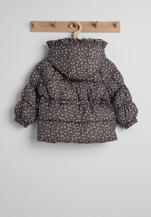 Pop Candy - Ditsy floral hooded puffer jacket with faux fur lining - dark brown