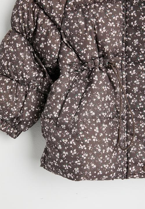 Pop Candy - Ditsy floral hooded puffer jacket with faux fur lining - dark brown