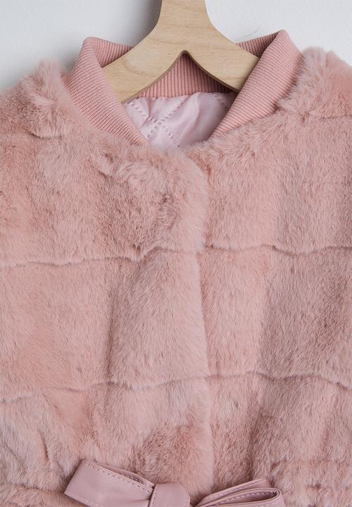 Pop Candy - Rib collared faux fur jacket - pink