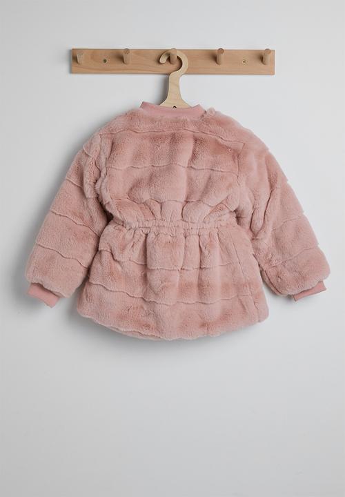 Pop Candy - Rib collared faux fur jacket - pink