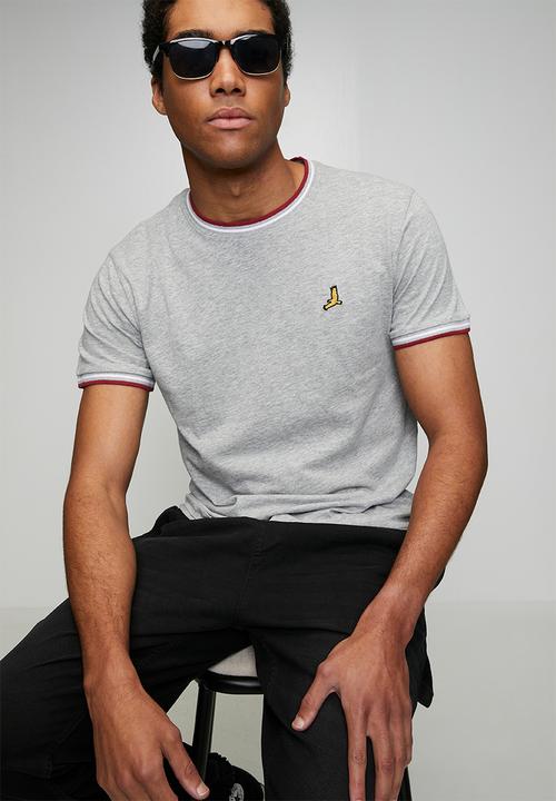 Brave Soul - Crew Neck Tee  - Lt Grey Marl/Burgundy/Optic White