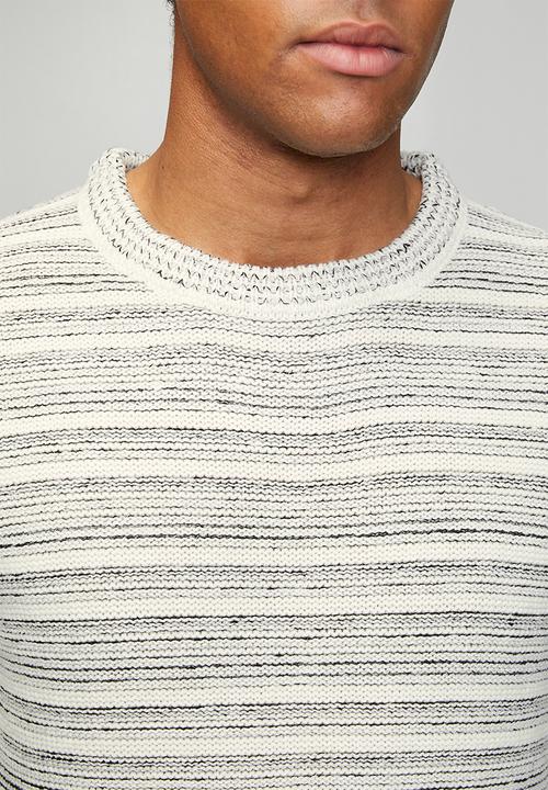 Brave Soul - Ribbed Stripe Crew Neck - Ecru / Jet Black