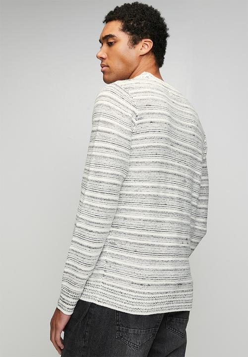 Brave Soul - Ribbed Stripe Crew Neck - Ecru / Jet Black