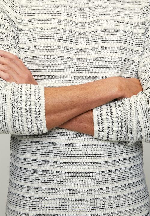 Brave Soul - Ribbed Stripe Crew Neck - Ecru / Jet Black