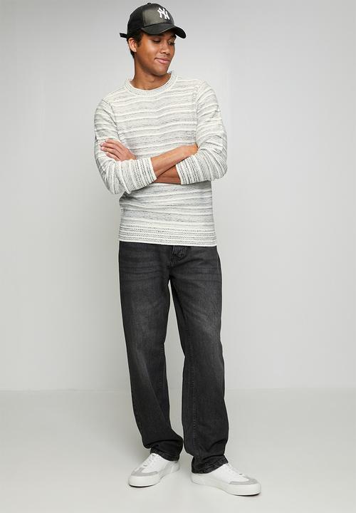 Brave Soul - Ribbed Stripe Crew Neck - Ecru / Jet Black
