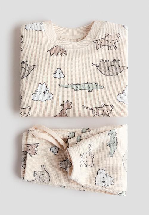 H&M - 2-piece printed waffled set - light beige/animals
